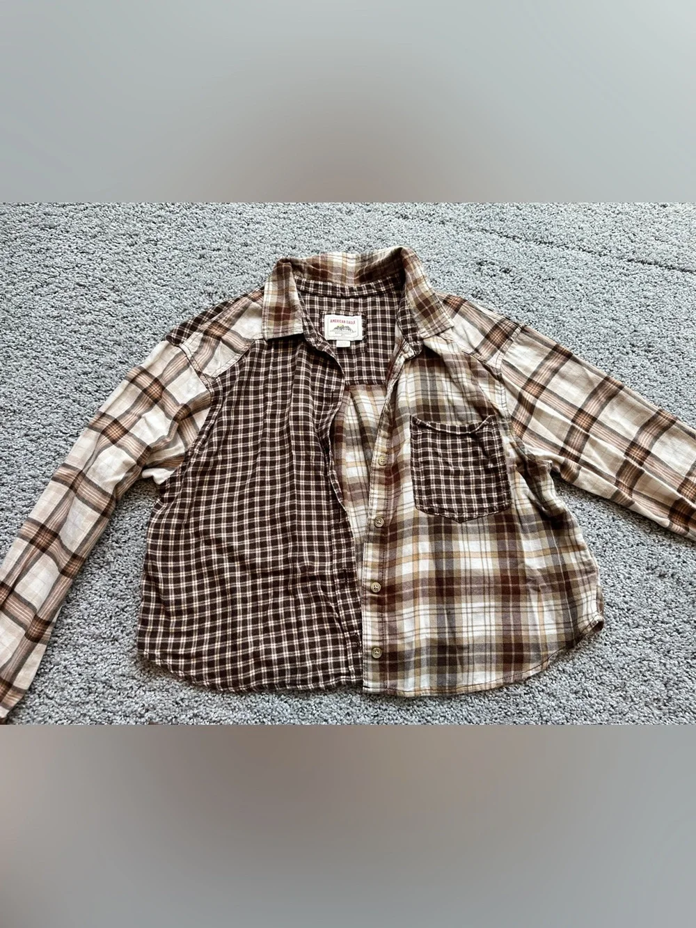 American Eagle Outfitters Brown Plaid Patchwork Shirt with Brown and Black Tees - Picture 5 of 7